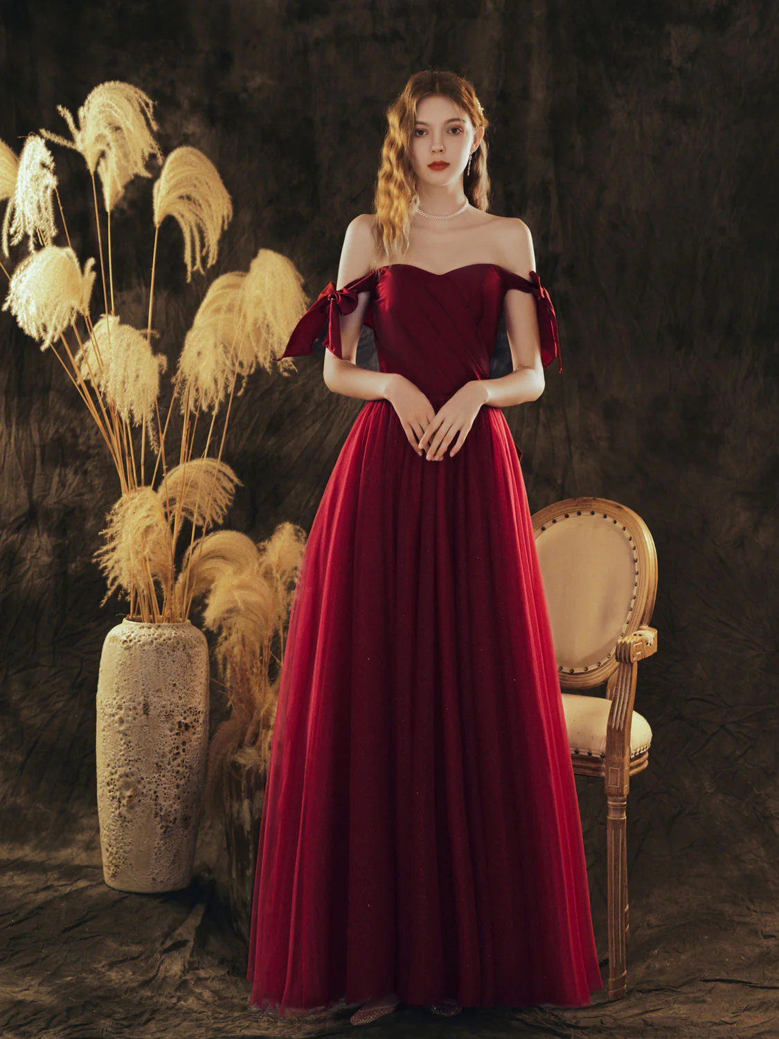 Simple Sweetheart Neck Tulle Long Prom Dress Burgundy Evening Dress - Deanwangkt