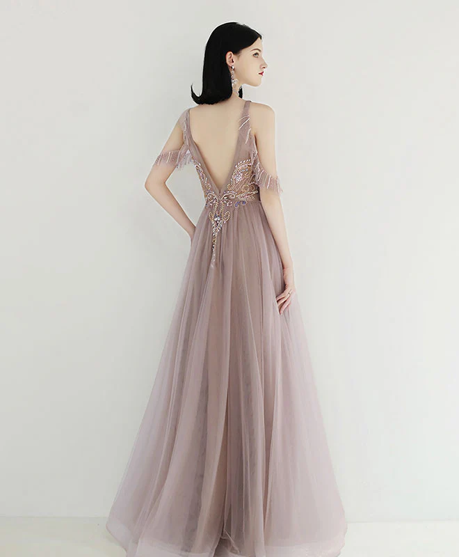 Unique Tulle Beads Long Prom Dress, Tulle Formal Dress - Deanwangkt