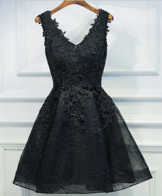 Black V Neck Lace Short Prom Dress, Black Cute Homecoming Dresses - Deanwangkt