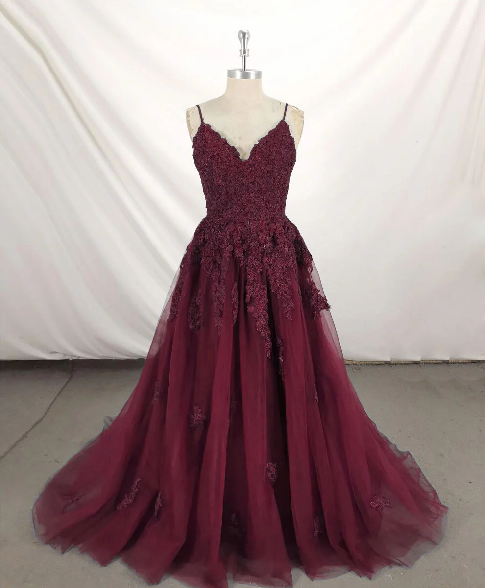 Dark Blue V Neck Tulle Lace Long Prom Dress Blue Lace Bridesmaid Dress - Deanwangkt