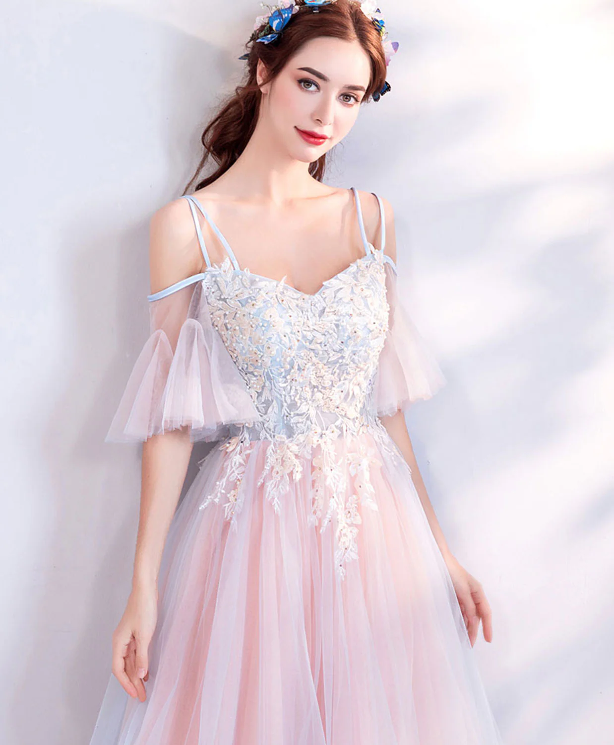 Unique Pink Tulle Lace Applique Long Prom Dress, Pink Formal Party Dresses - Deanwangkt