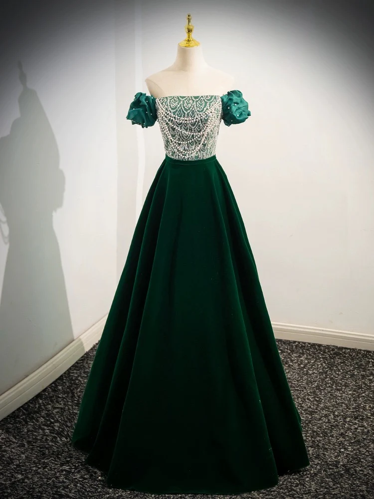 A-Line Velvet Sequin Beads Green Long Prom Dress, Velvet Green Long Formal Dress - Deanwangkt