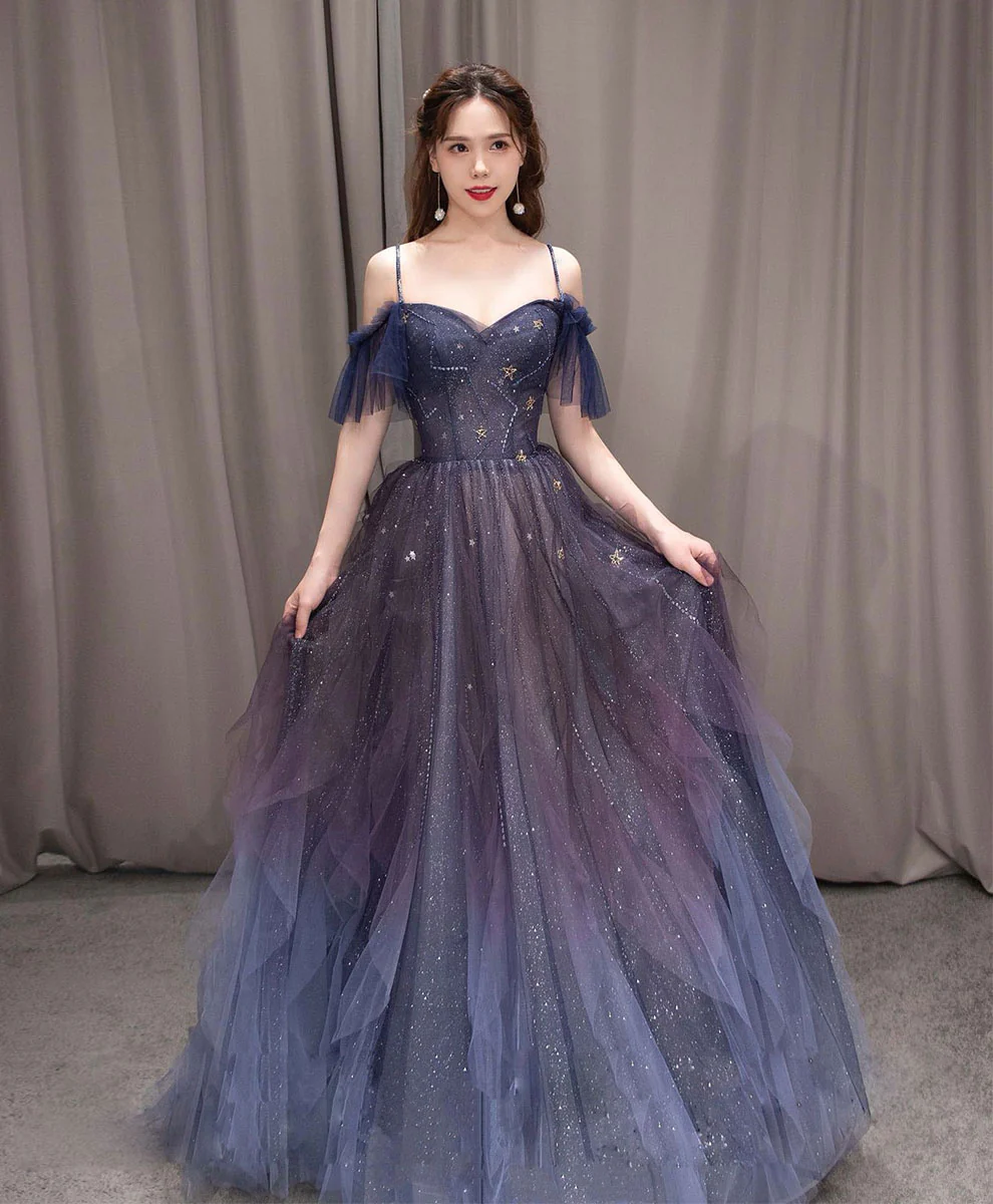 A-line Dark Purple Tulle Long Prom Dress, Purple Formal Party Dresses - Deanwangkt