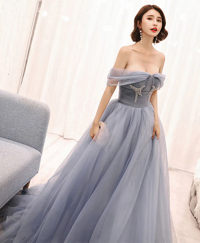Gray Tulle Long Prom Dress, Gray Evening Dress - Deanwangkt