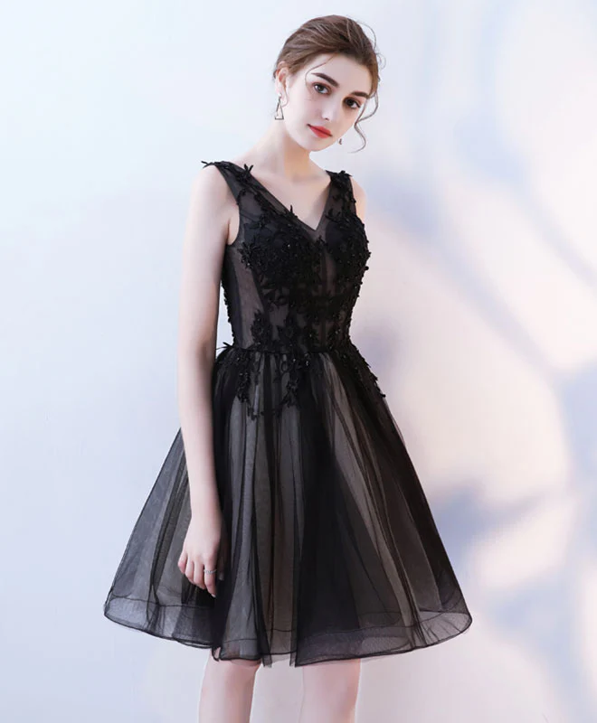 Black V Neck Tulle Lace Short Prom Dress, Homecoming Dress - Deanwangkt