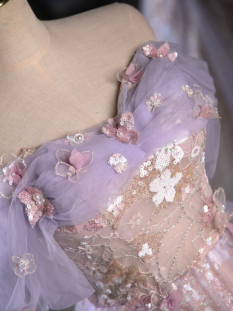 A-Line Off Shoulder Tulle Lace Purple Short Prom Dress, Cute Purple Homecoming Dress - Deanwangkt