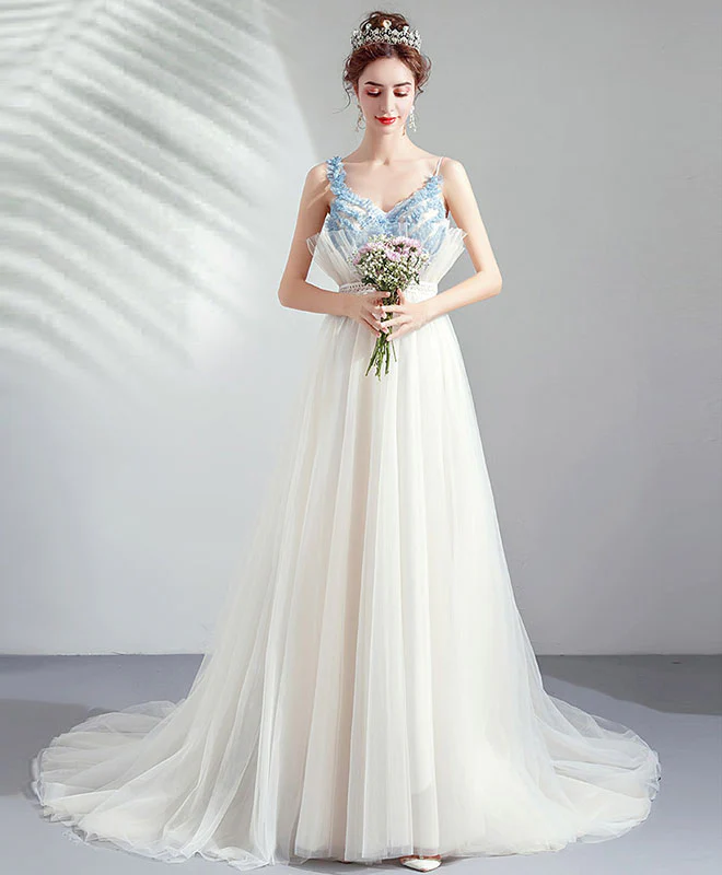 White Tulle Sweetheart Lace Long Prom Dress White Evening Dress - Deanwangkt