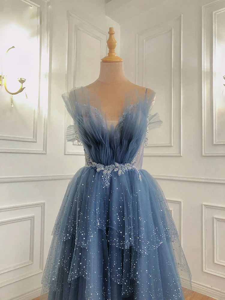Gray Blue Tulle Beads Long Prom Dress, Blue Tulle Formal Dress - Deanwangkt