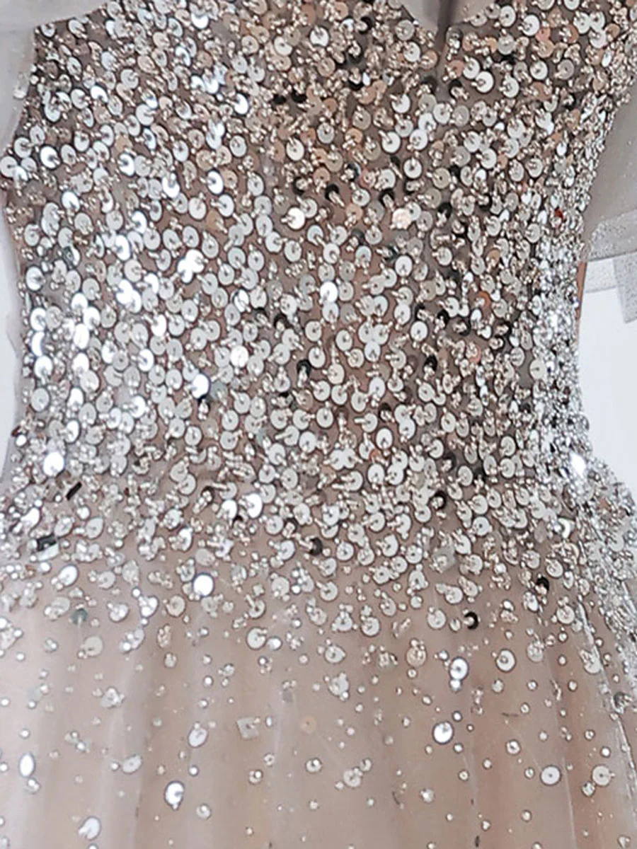 Elegant Gray Tulle Sequin Long Prom Dress, Gray Tulle Evening Dresses - Deanwangkt