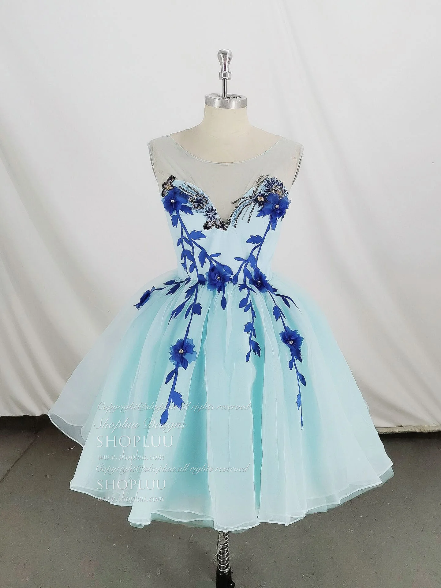 Cute Round Neck Tulle Lace Short Prom Dress, Blue Homecoming Dress - Deanwangkt