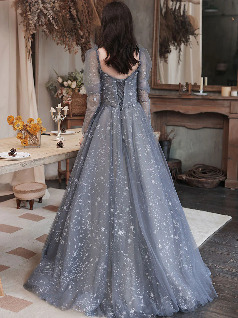 Gray Blue Tulle Lace Long Prom Dress, Gray Tulle Lace Evening Dress - Deanwangkt