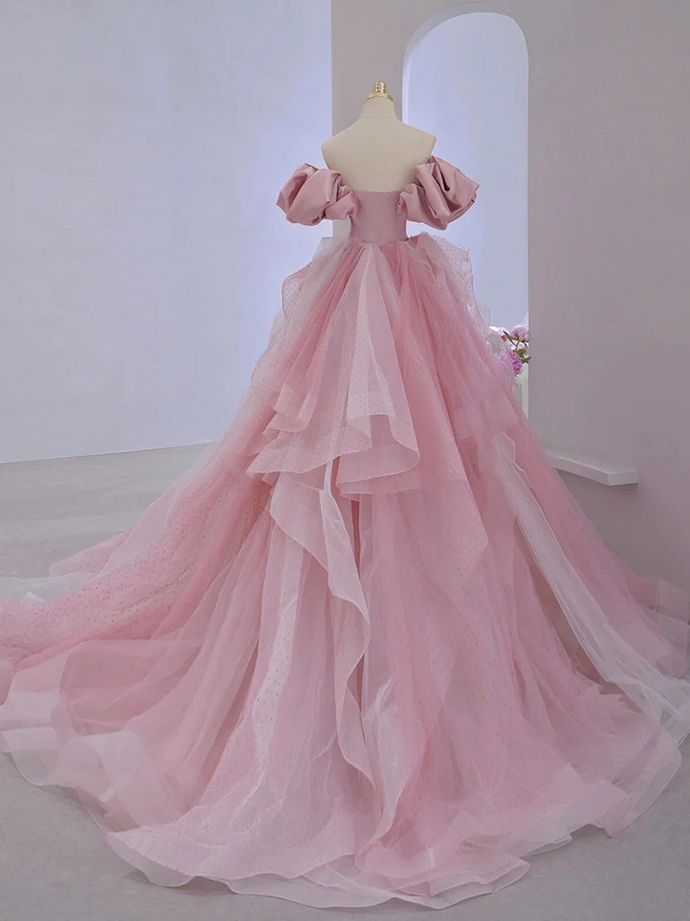 A-Line Satin Tulle Pink Long Prom Dress. Pink Long Evening Dress - Deanwangkt