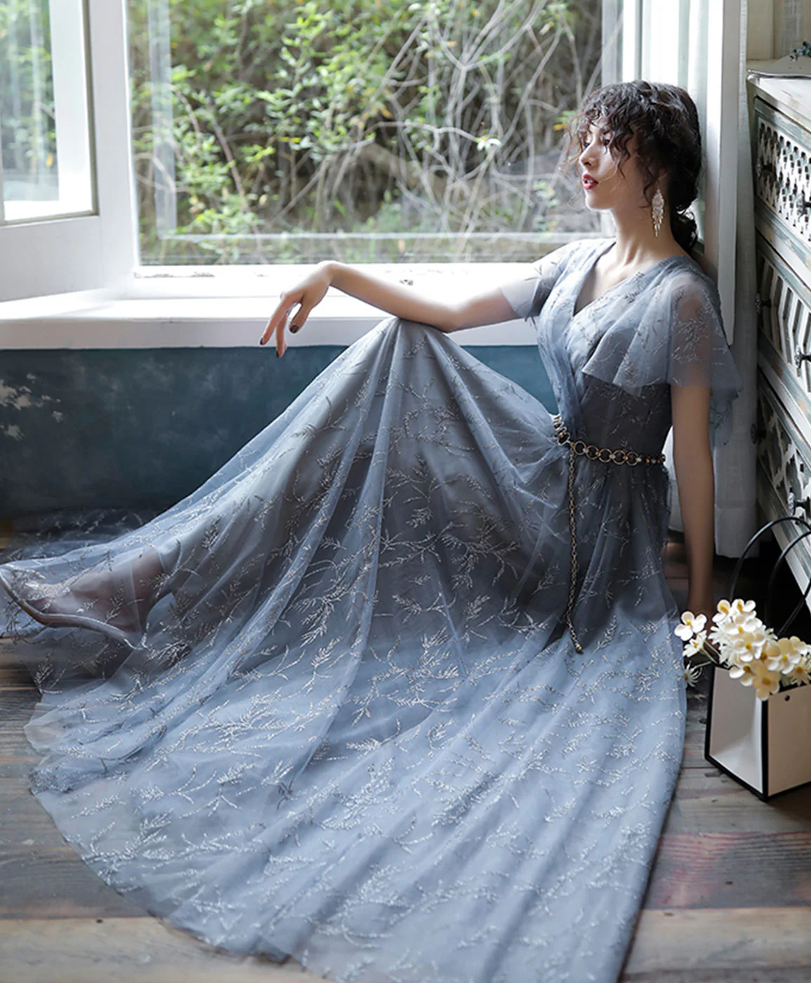 Gray Blue V Neck A-Line Tulle Long Prom Dress Gray Blue Tulle Formal Dress - Deanwangkt