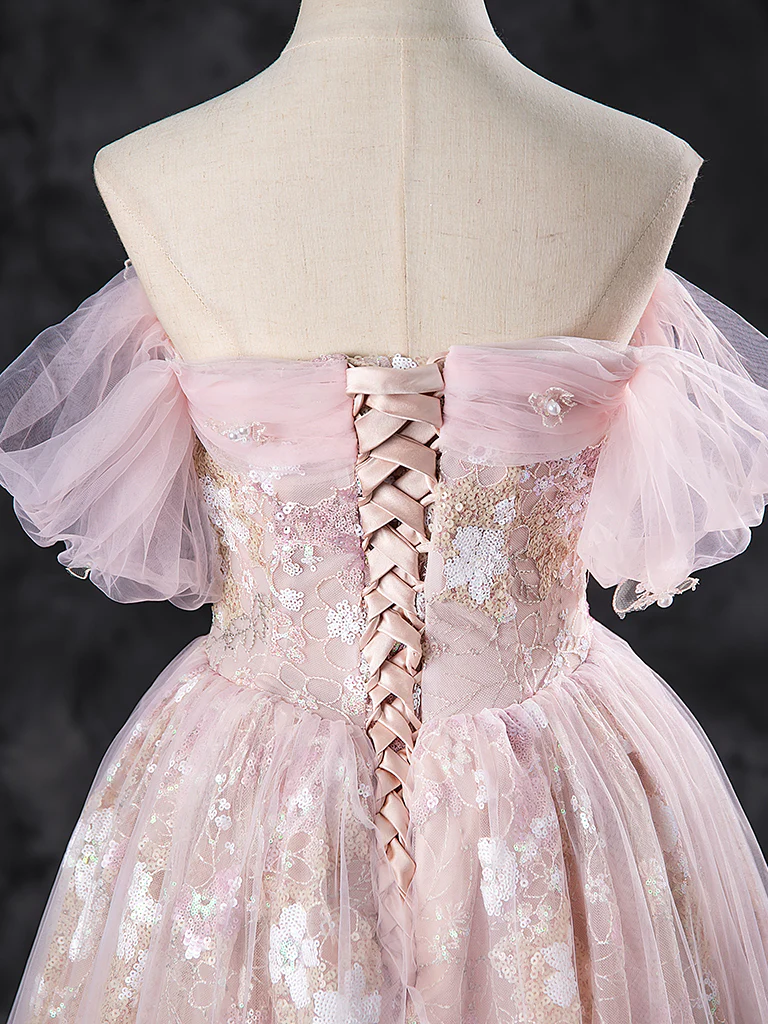 A-Line Off Shoulder Tulle Lace Pink Long Prom Dress, Lace Formal Dress - Deanwangkt