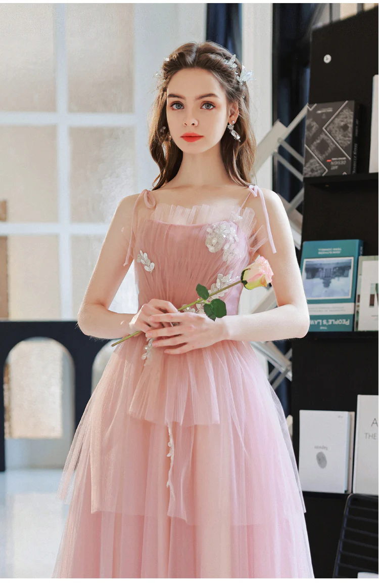 Pink Tulle A line Long Prom Dress, Pink Tulle Evening Dresses - Deanwangkt