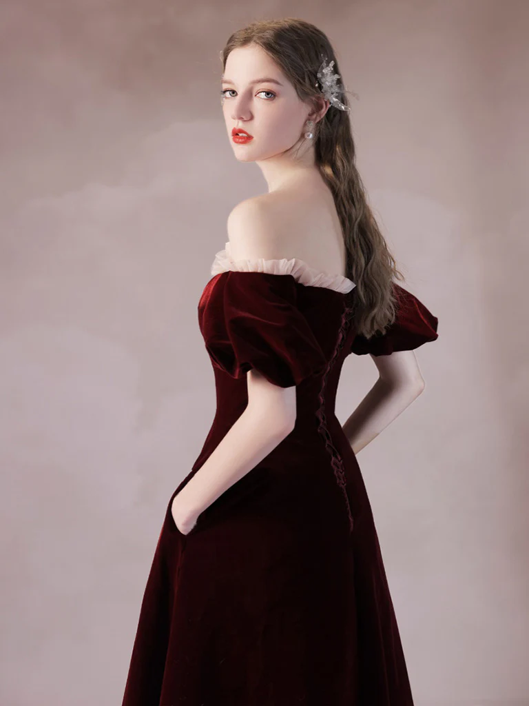 A-Line Burgundy Velvet Long Prom Dress, Burgundy Formal Dress - Deanwangkt