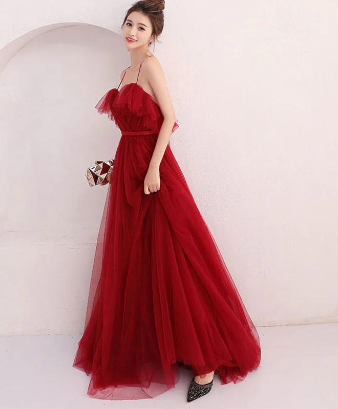 Burgundy Tulle Long Prom Dress, Evening Dress - Deanwangkt