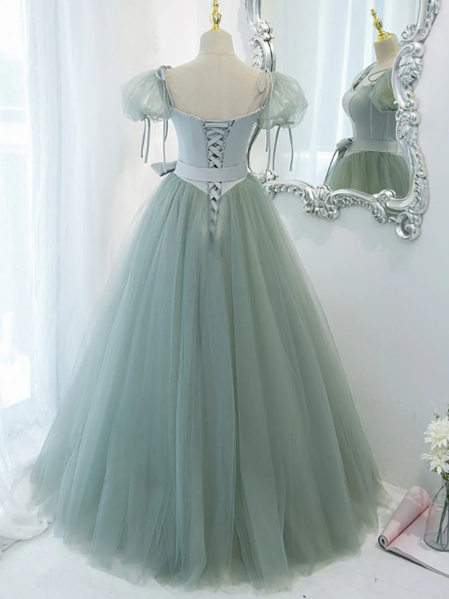 Green Round Neck Tulle Long Prom Dress, Green Evening Dress - Deanwangkt