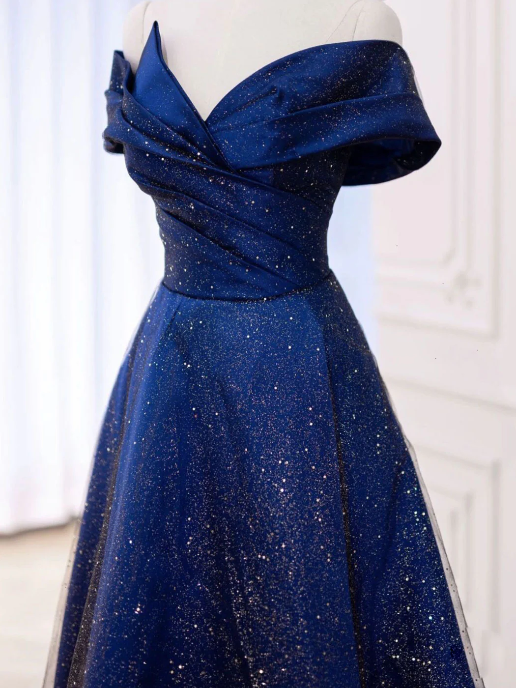 Simple Tulle Satin Dark Blue Long Prom Dress, Blue Formal Evening Dress - Deanwangkt