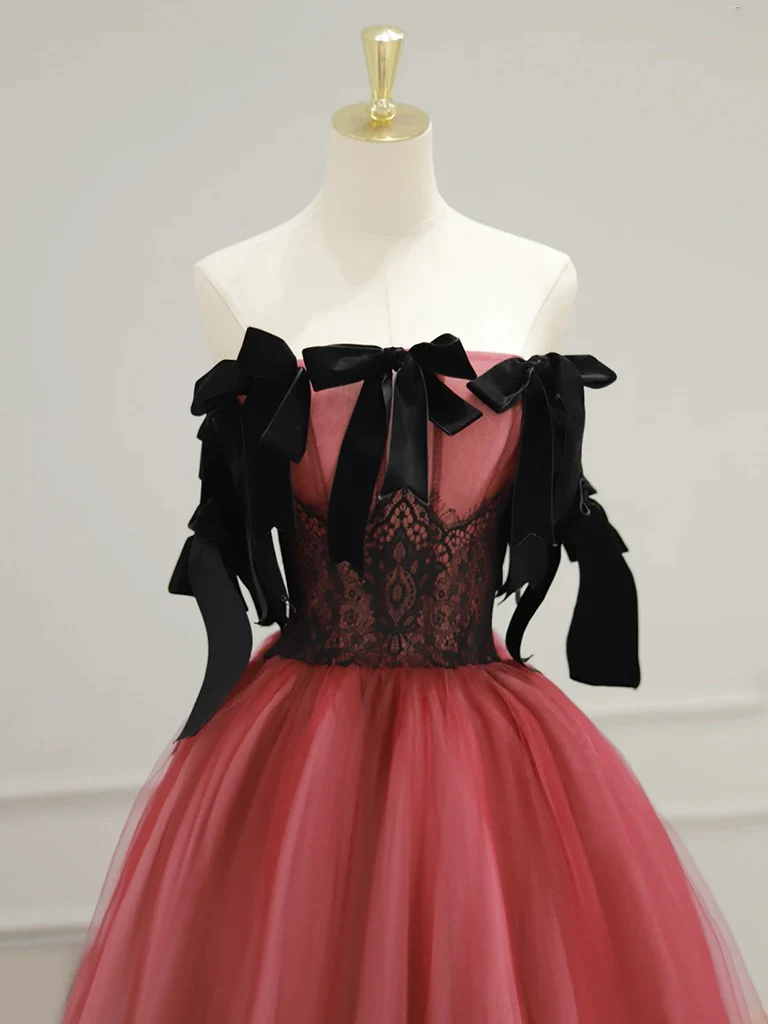 A-Line Tulle Watermelon Red Long Prom Dress, Watermelon Red Tulle Long Formal Dress - Deanwangkt