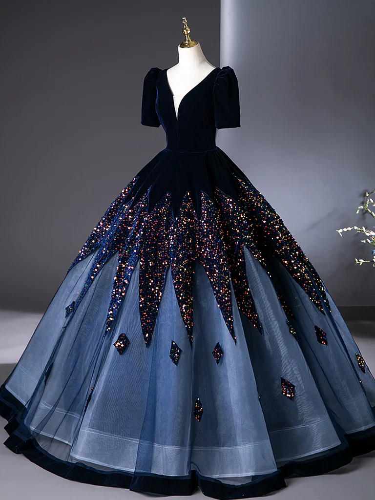 A-Line V Neck Velvet Tulle Dark Blue Long Prom Dress, Dark Blue Long Evening Dress - Deanwangkt
