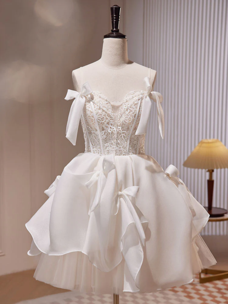 White Tulle Lace Short Prom Dress, White Short Formal Dress - Deanwangkt