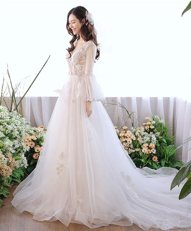 White V Neck Tulle Lace Long Prom Dress, White Evening Dress - Deanwangkt