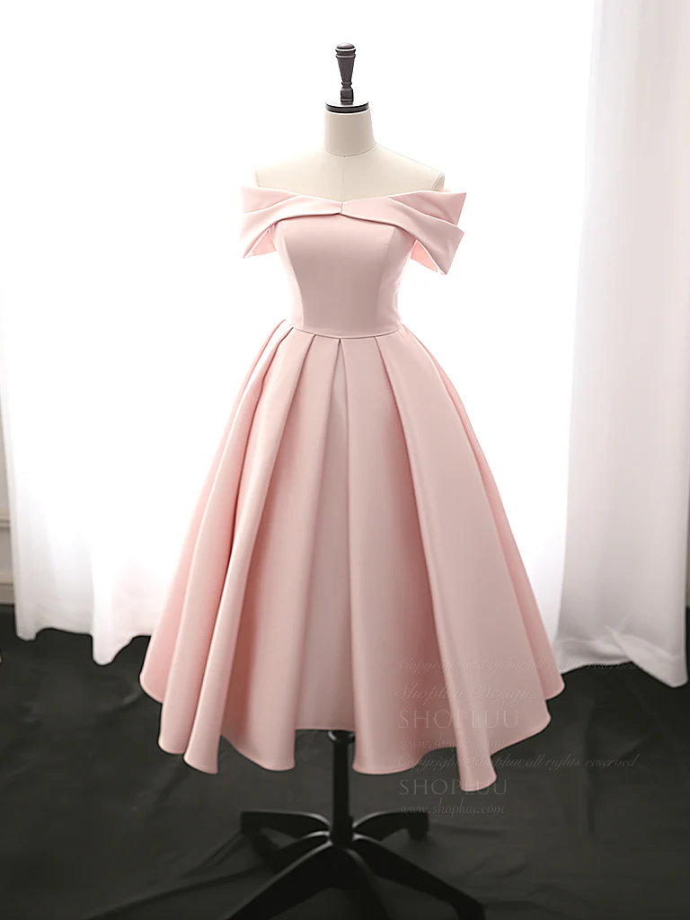 A-Line Off Shoulder Satin Tea Length Pink Prom Dress, Pink Formal Dress - Deanwangkt