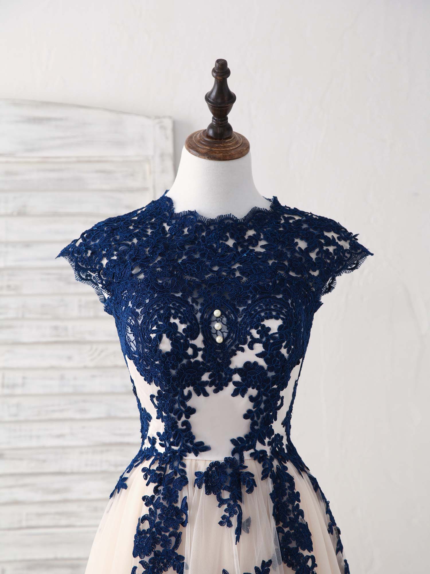Dark Blue Lace Tulle High Low Prom Dress Blue Bridesmaid Dress - Deanwangkt