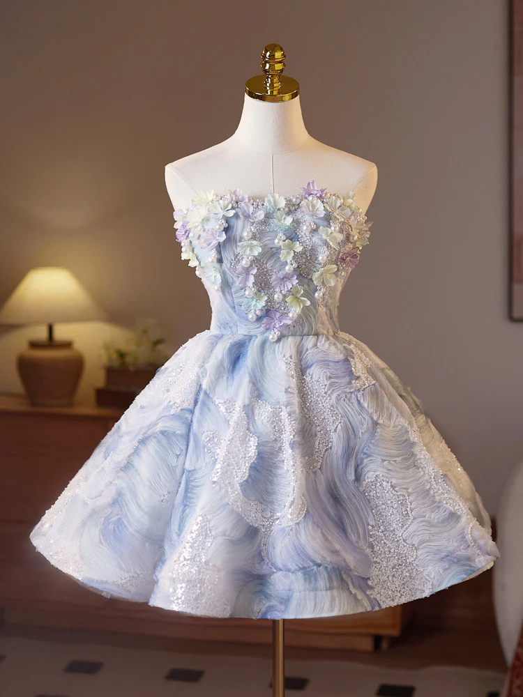A-Line  Sweetheart Neck Flower Blue Short Prom Dress, Blue Homecoming Dress - Deanwangkt