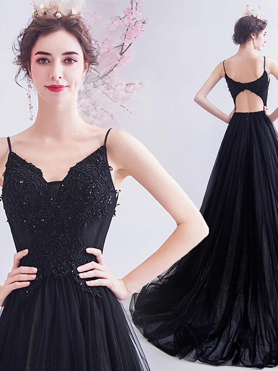 Black V Neck Tulle Lace Long Prom Dress, Black Evening Dress - Deanwangkt