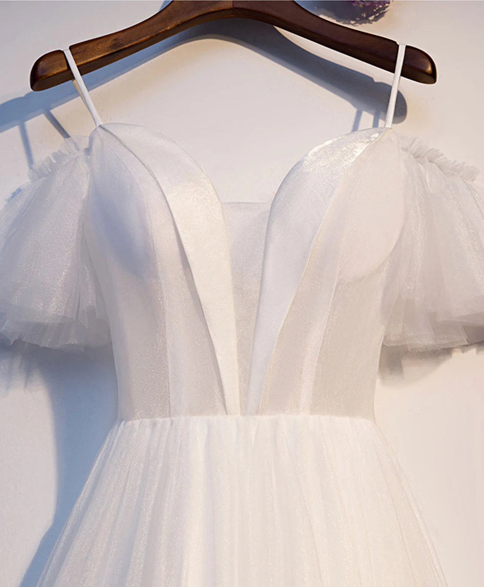 White Sweetheart Neck Tulle Long Prom Dress, White Formal Dress - Deanwangkt