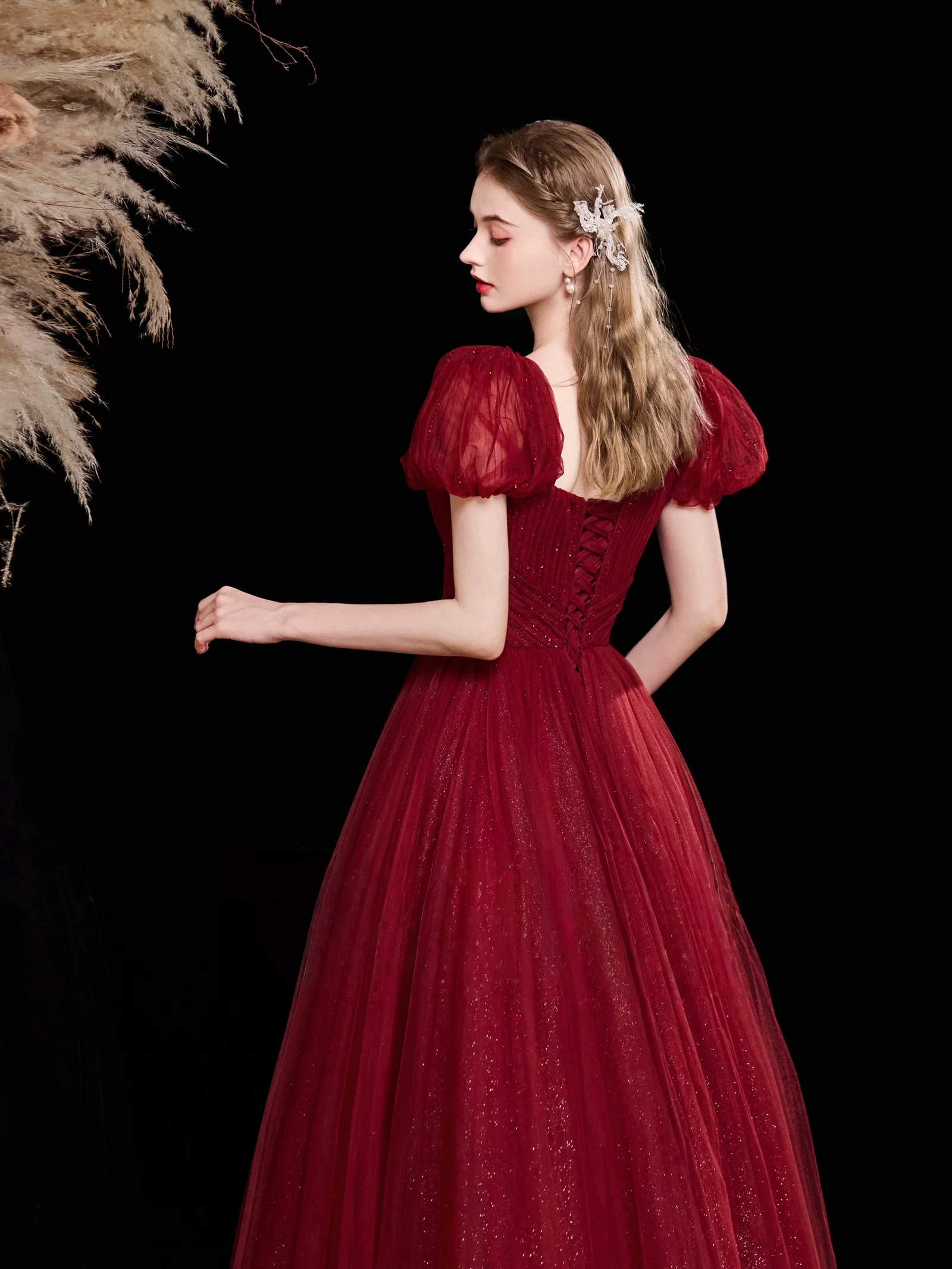 A-Line Puff Sleeves Tulle Burgundy Long Prom Dress, Burgundy Long Evening Dress - Deanwangkt