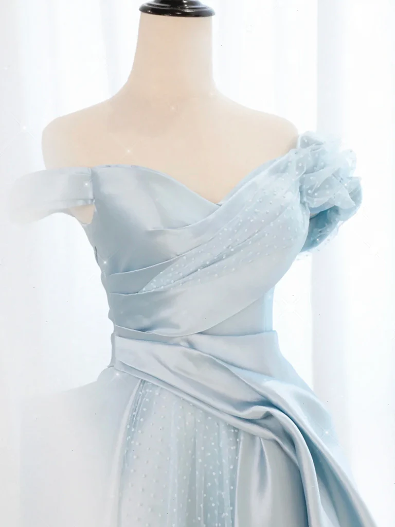 A-Line Off Shoulder Satin Tulle Blue Long Prom Dress, Blue Long Formal Dress - Deanwangkt
