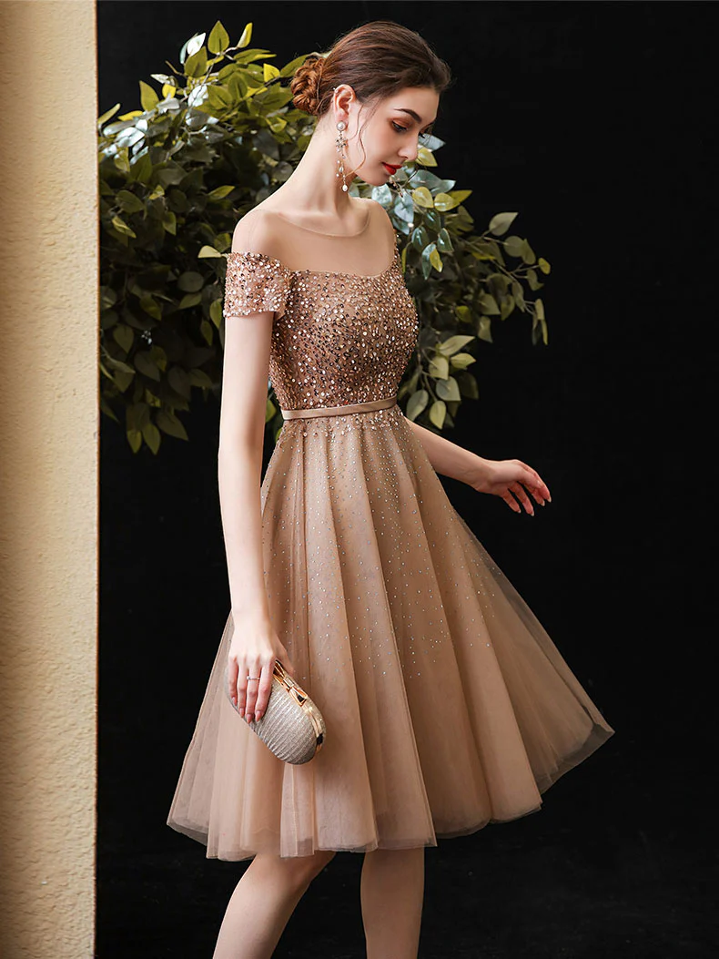 Champagne Round Neck Tulle Sequin Short Prom Dress Champagne Homecoming Dress - Deanwangkt
