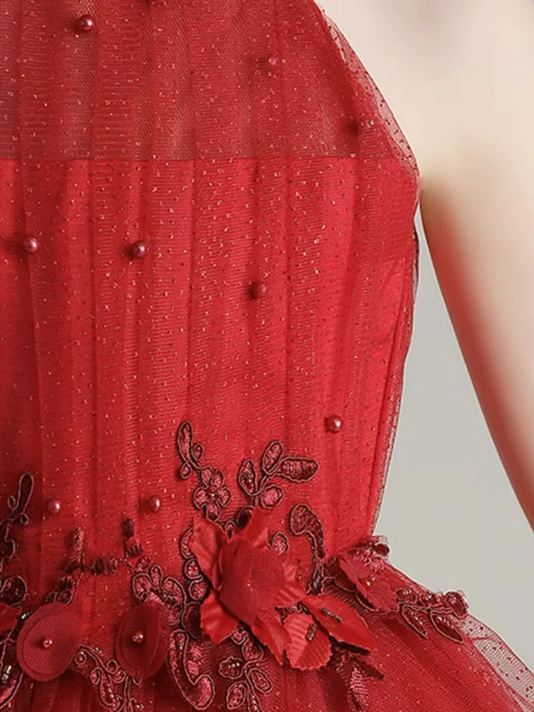 Burgundy Tulle High Low Short Flower Girl Dress with Lace Applique - Deanwangkt