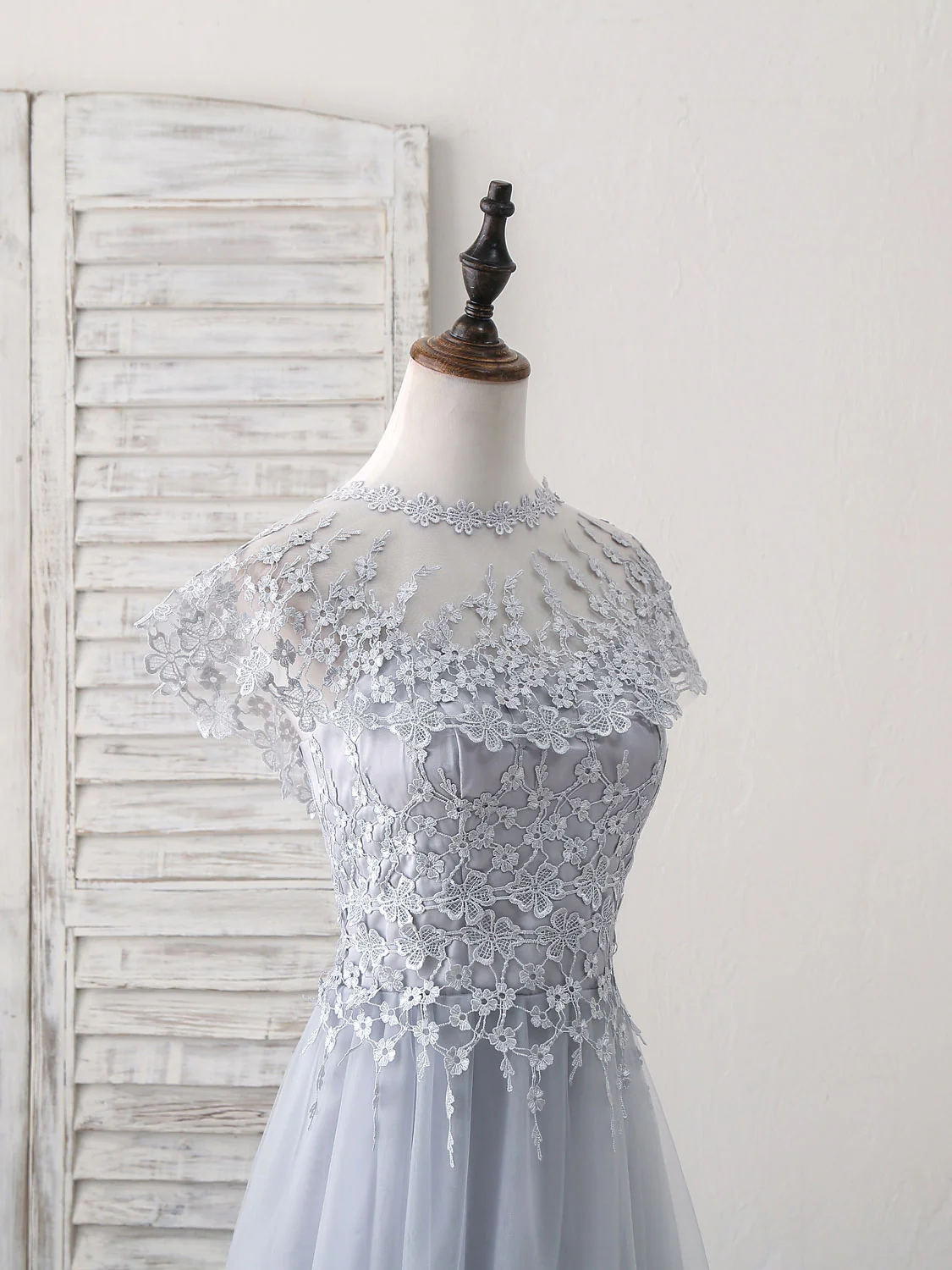 Gray Round Neck Lace Tulle Long Prom Dress, Gray Evening Dress - Deanwangkt