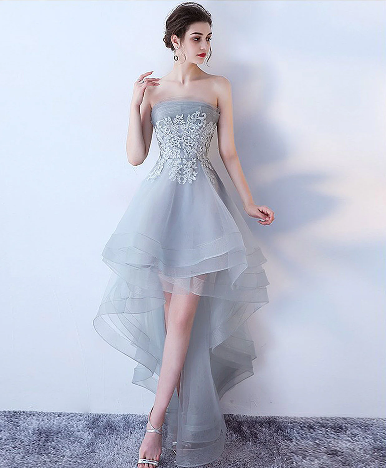 Gray Tulle Lace High Low Prom Dress, Cute Homecoming Dress - Deanwangkt