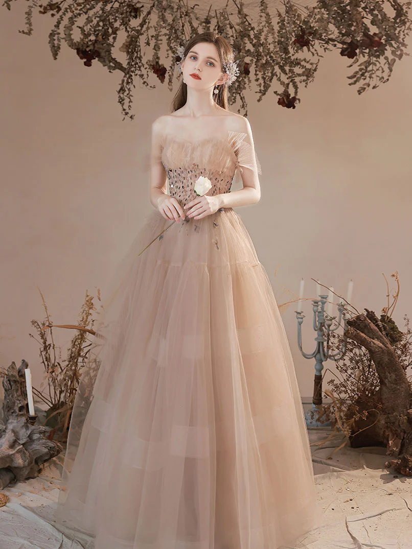 Champagne Tulle Long Prom Dress, Champagne A line Formal Dresses - Deanwangkt