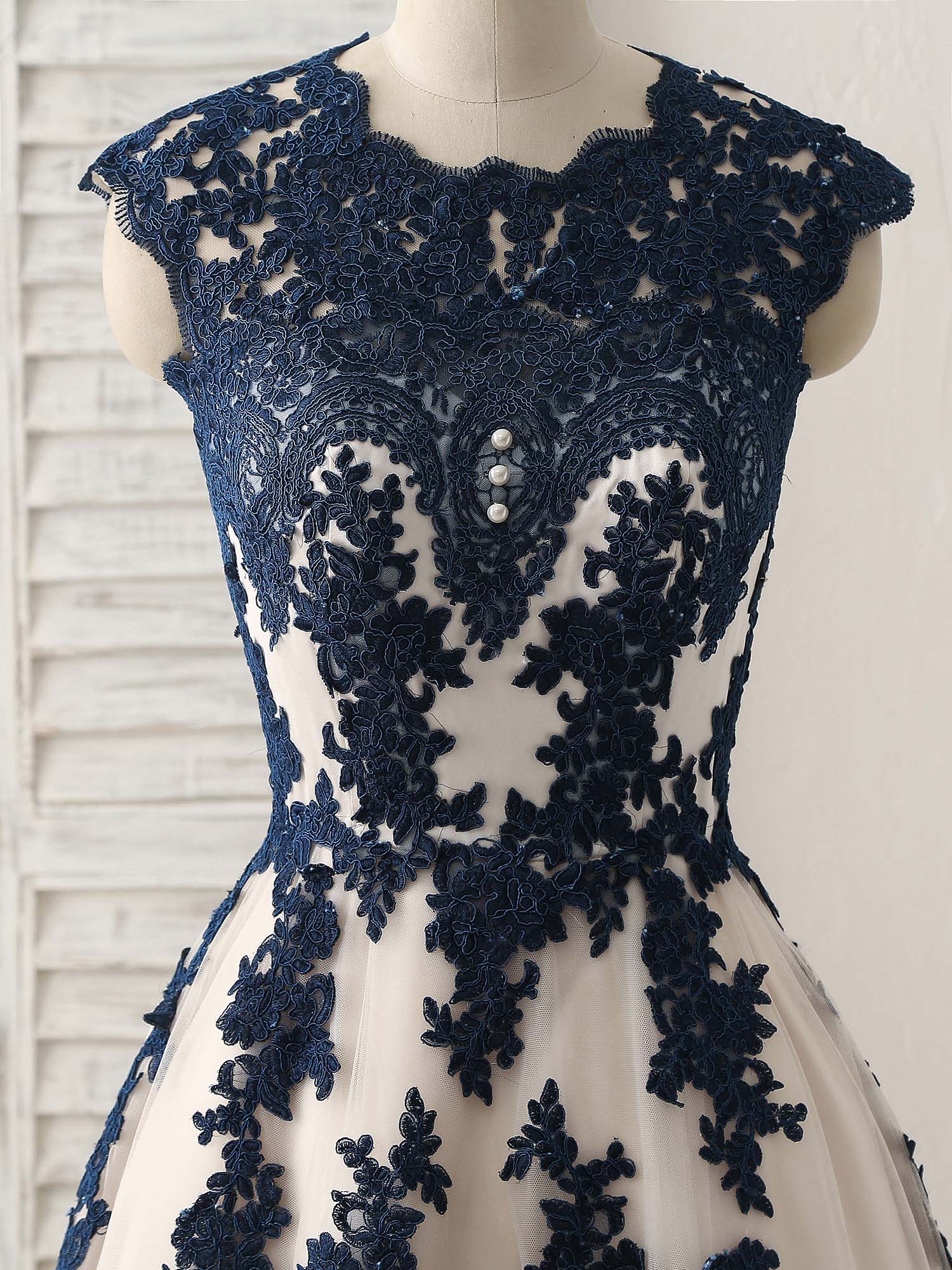Dark Blue Lace Applique Tulle Long Prom Dress Blue Bridesmaid Dress - Deanwangkt