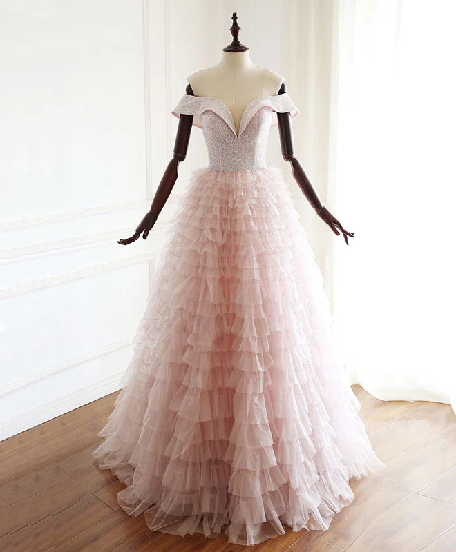 Pink Sweetheart Off Shoulder Tulle Long Prom Dress Pink Evening Dress - Deanwangkt