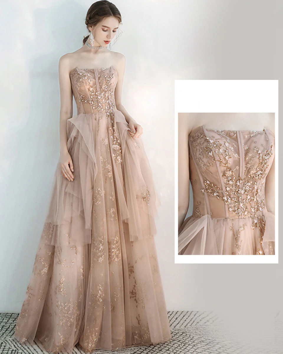 Champagne Sweetheart Tulle Lace Long Prom Dress, Sequin Formal Graduation Dress - Deanwangkt