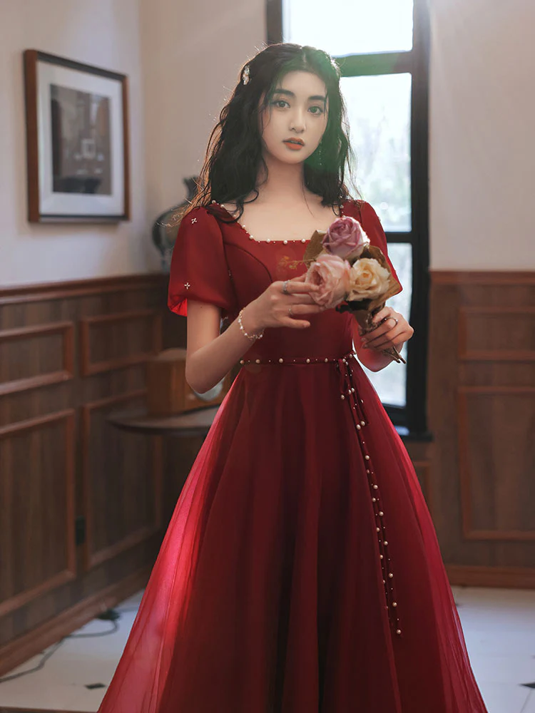 Simple Tea Length Burgundy Prom Dress, Burgundy Graduation Dresses - Deanwangkt