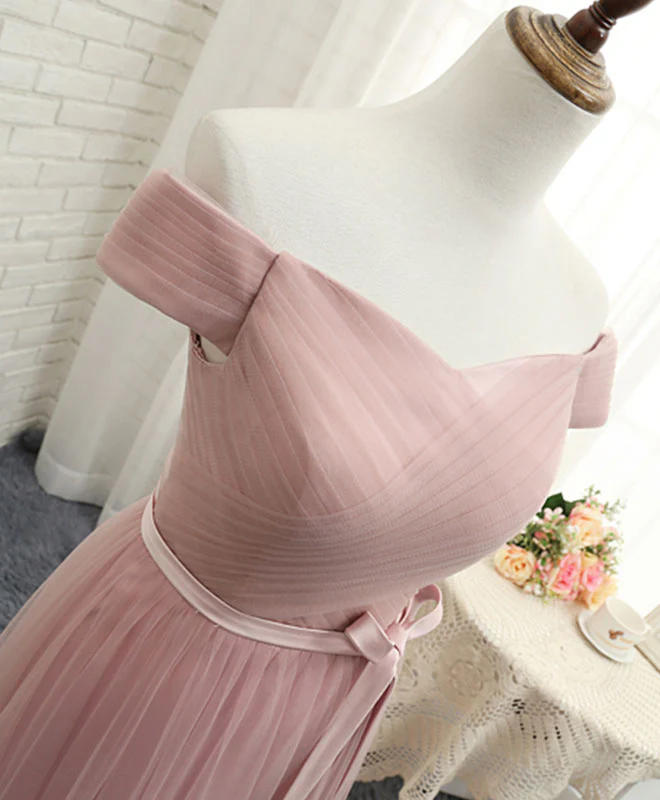 Pink A LineTulle Off Shoulder Long Prom Dress, Evening Dress - Deanwangkt