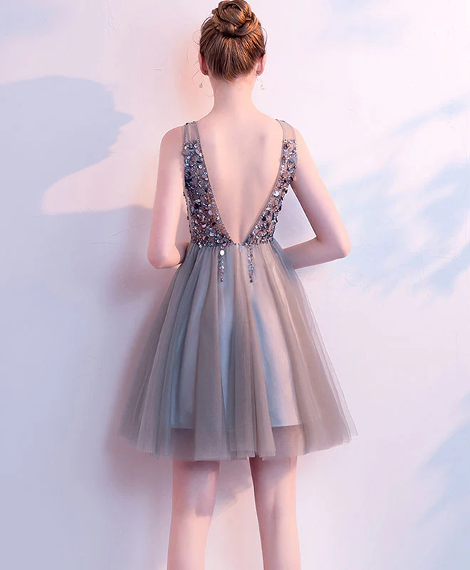 Gray V Neck Tulle Beads Short Prom Dress, Gray Homecoming Dress - Deanwangkt