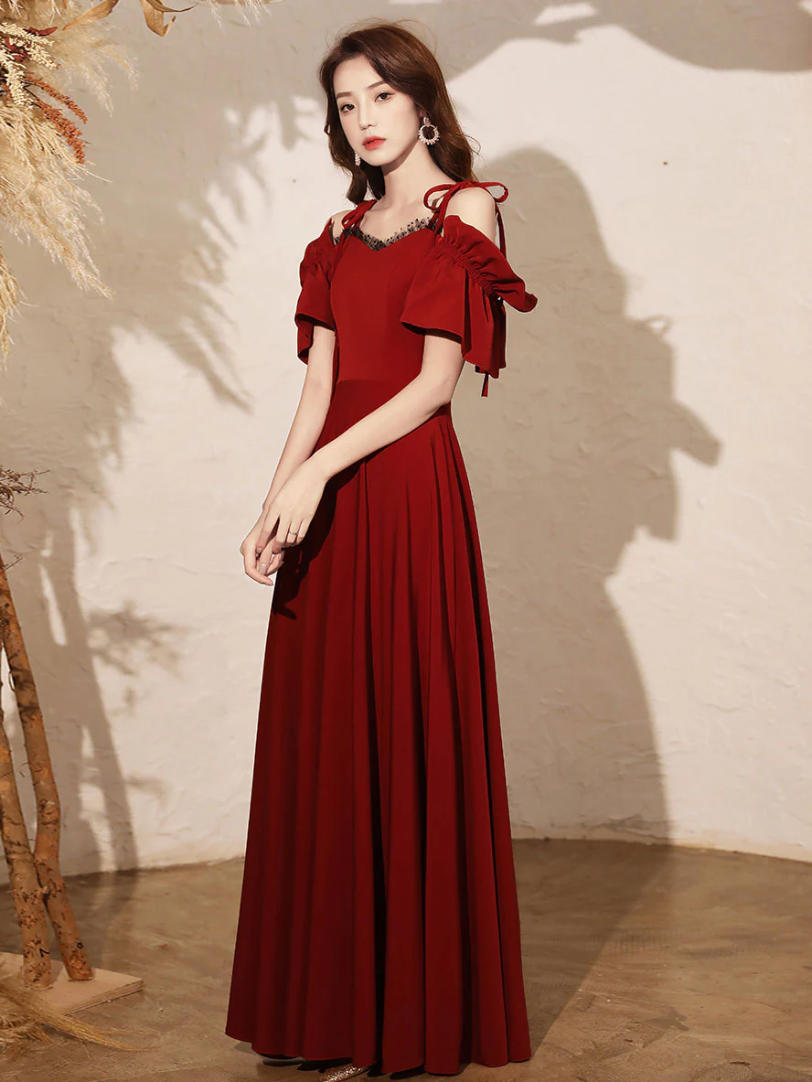 Simple Burgundy Satin Long Prom Dress, Burgundy Formal Dresses - Deanwangkt