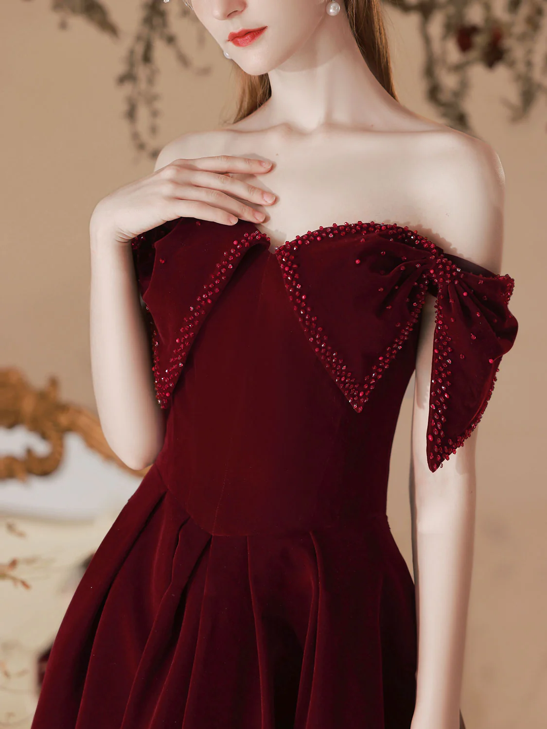 Velvet Sweetheart Neck A-Line Burgundy Prom Dress, Burgundy Evening Dresses - Deanwangkt