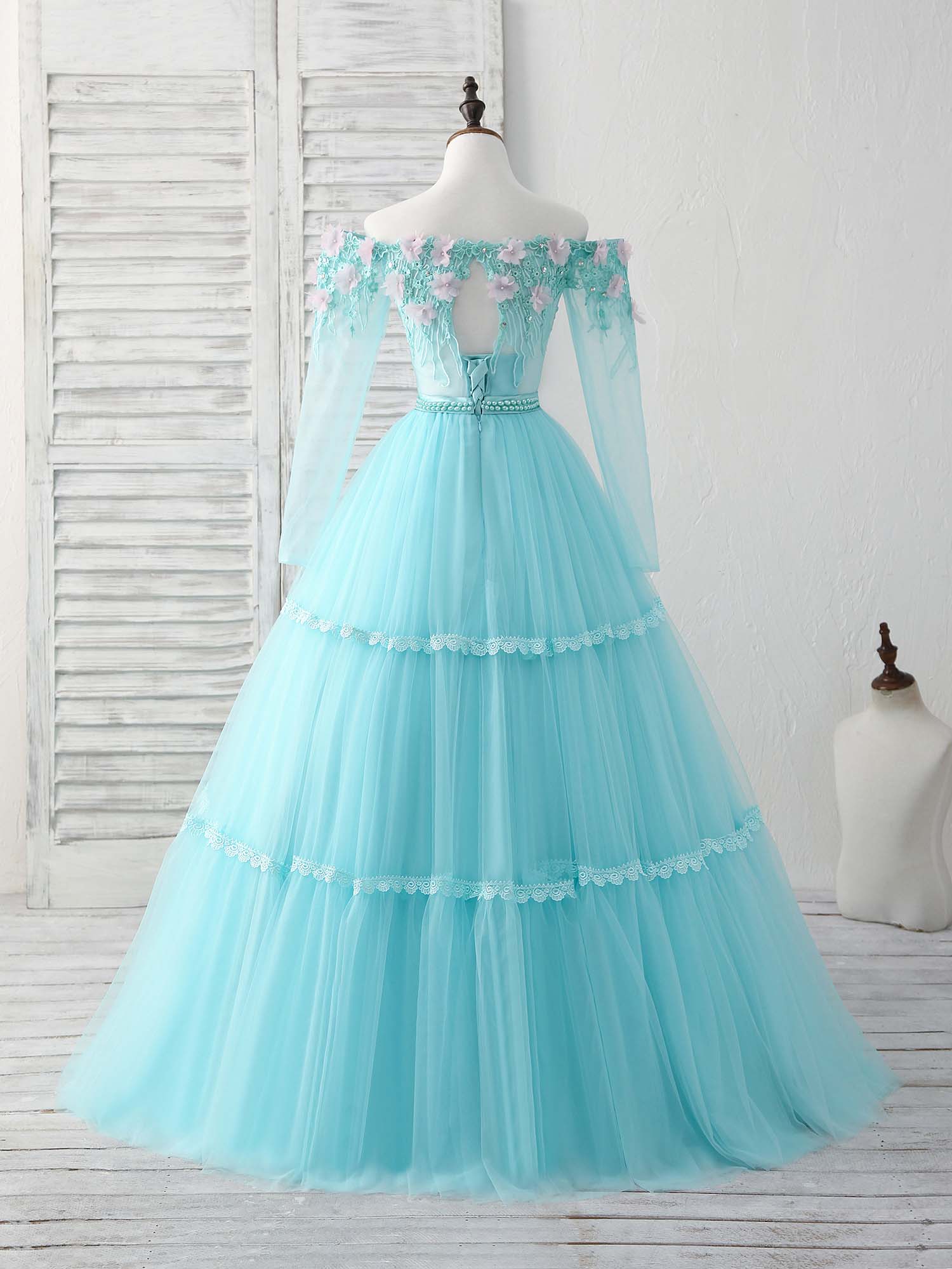 Unique Tulle Lace Applique Long Prom Dress, Green Evening Dress - Deanwangkt