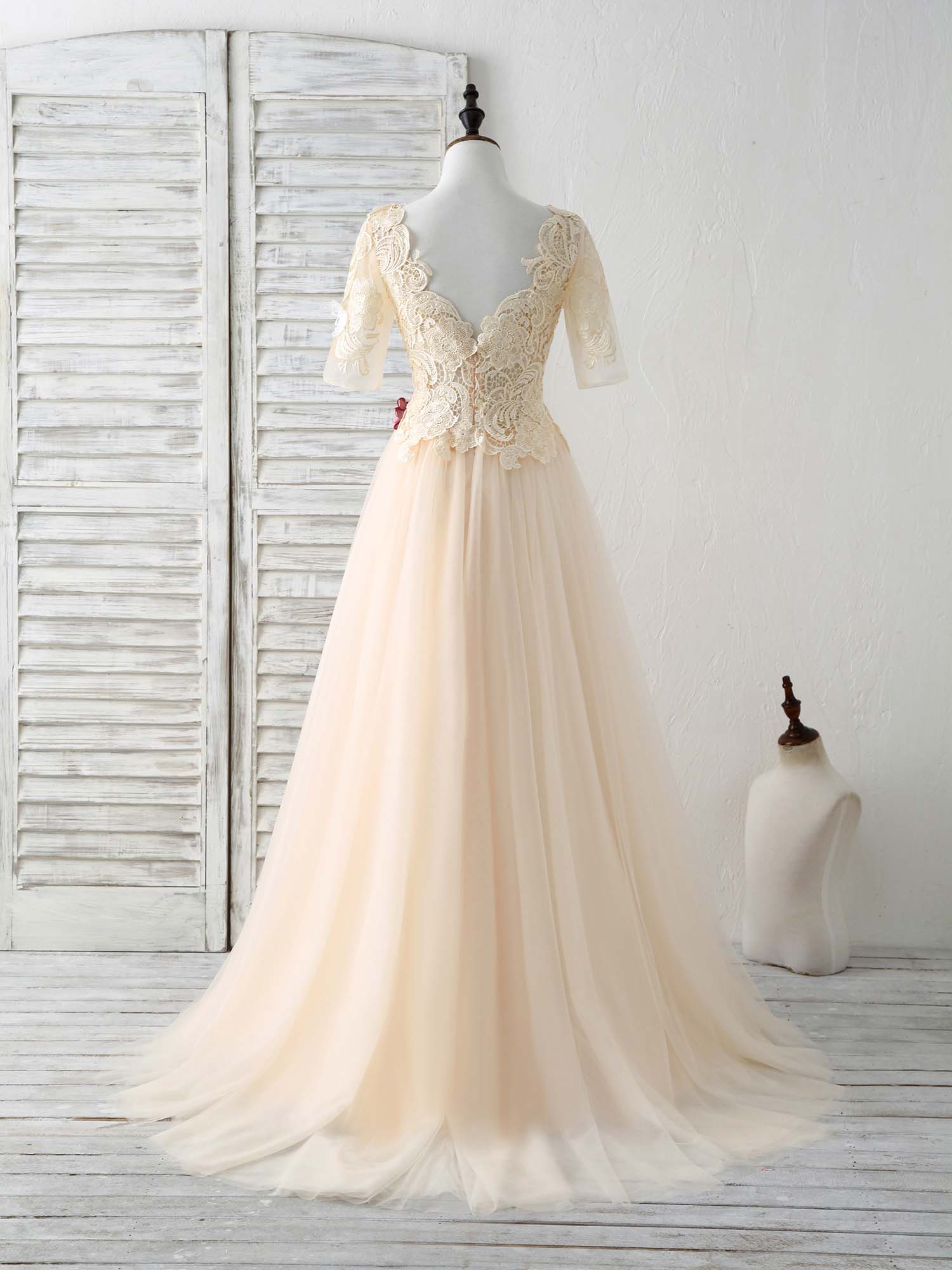 Unique Champagne Lace Applique Tulle Long Prom Dress, Evening Dress - Deanwangkt