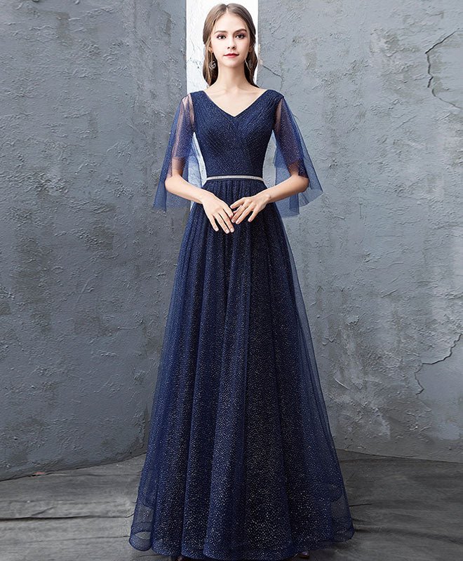 Dark Blue Sequin Tulle Long Prom Dress, Dark Blue Evening Dress - Deanwangkt